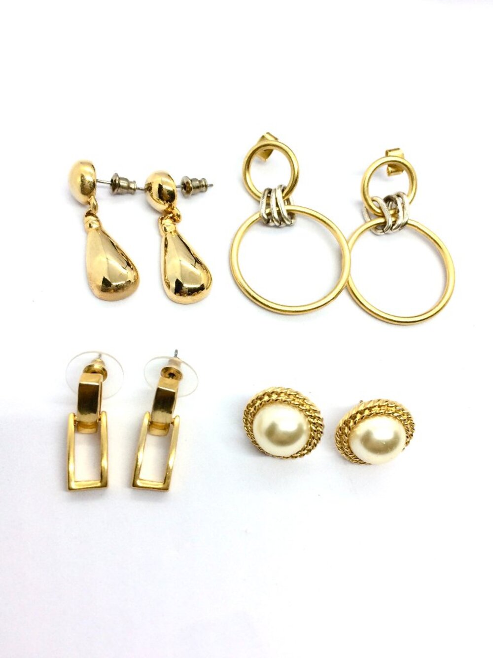 VINTAGE EARRING LOT Gold Tone 4 Pairs Mixed Metal Faux Pearl Hoop Doorknocker